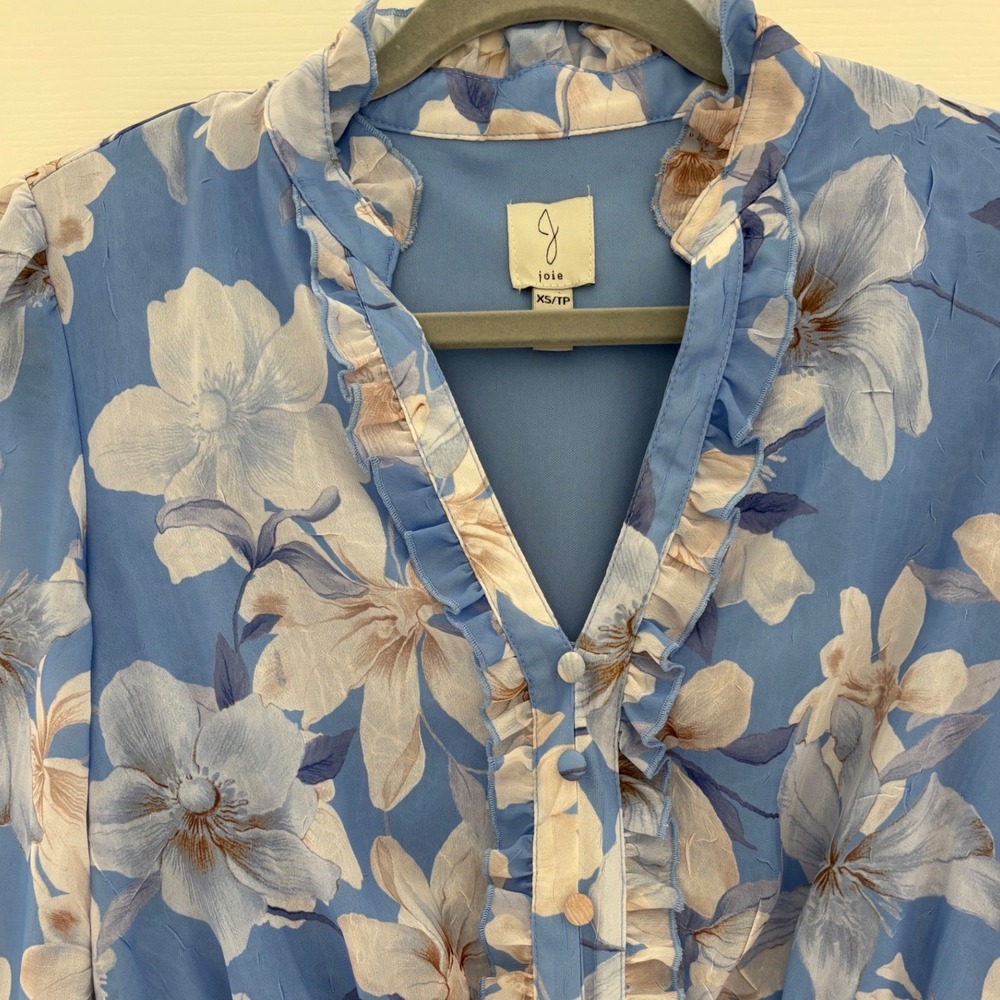 Joie Blue Floral Ruffle Mini Dress Long Sleeve V-Neck Chiffon Womens XS - Picture 2 of 4
